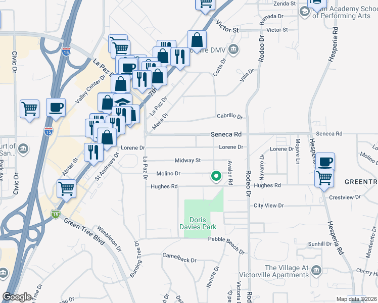map of restaurants, bars, coffee shops, grocery stores, and more near 16275 Lorene Drive in Victorville