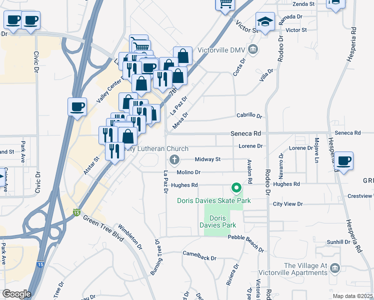 map of restaurants, bars, coffee shops, grocery stores, and more near 16181 Lorene Drive in Victorville