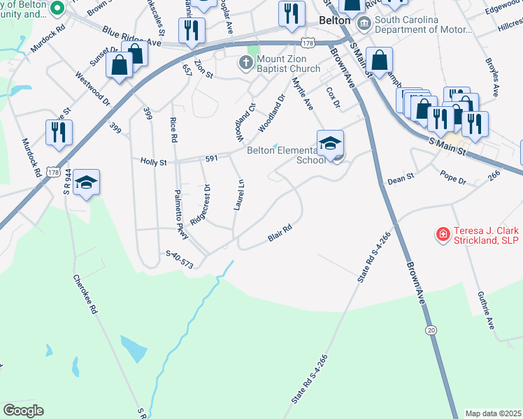 map of restaurants, bars, coffee shops, grocery stores, and more near 111 Blair Road in Belton