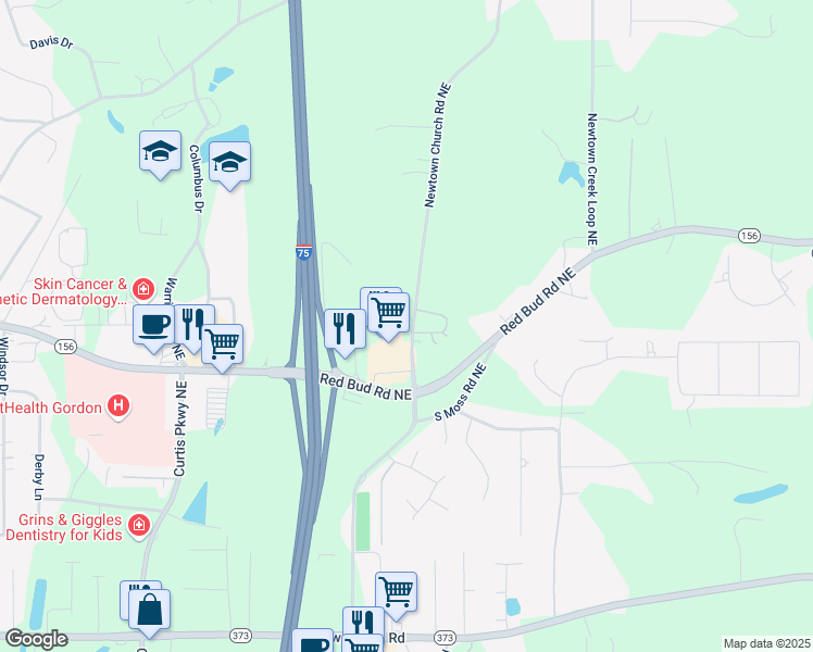 map of restaurants, bars, coffee shops, grocery stores, and more near 0 Newtown Road Northeast in Calhoun
