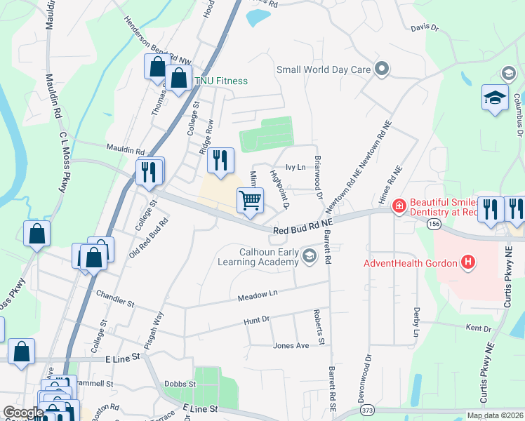 map of restaurants, bars, coffee shops, grocery stores, and more near 103 Mims Drive in Calhoun
