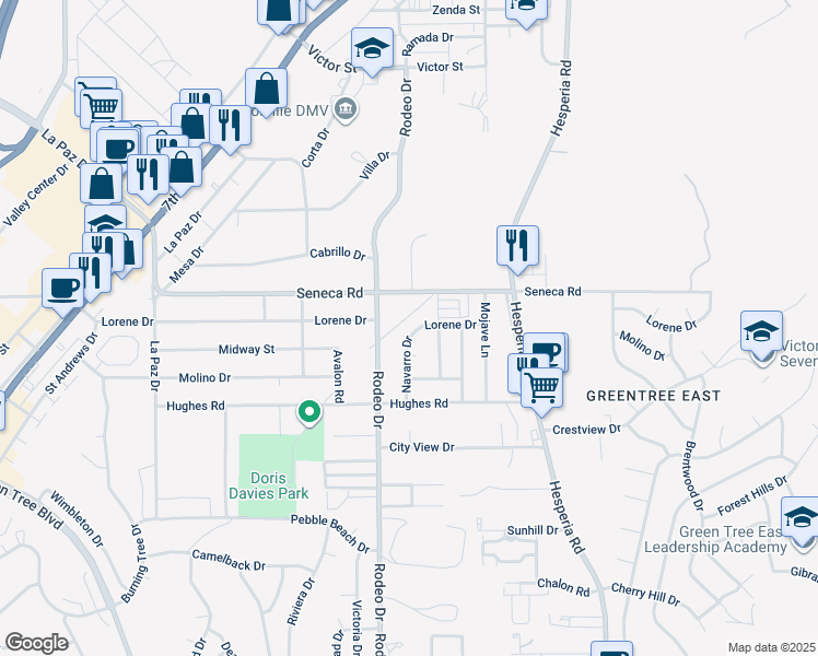 map of restaurants, bars, coffee shops, grocery stores, and more near 14430 Navarro Drive in Victorville