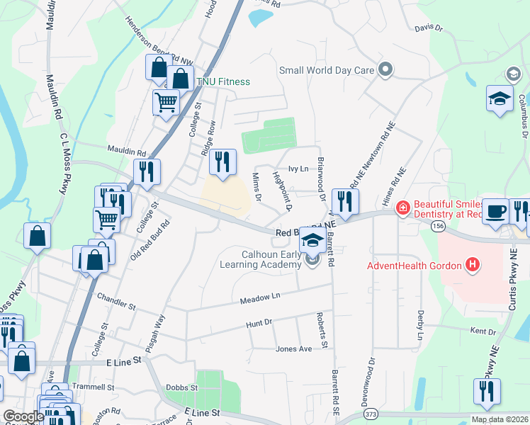 map of restaurants, bars, coffee shops, grocery stores, and more near 103 Mims Dr in Calhoun