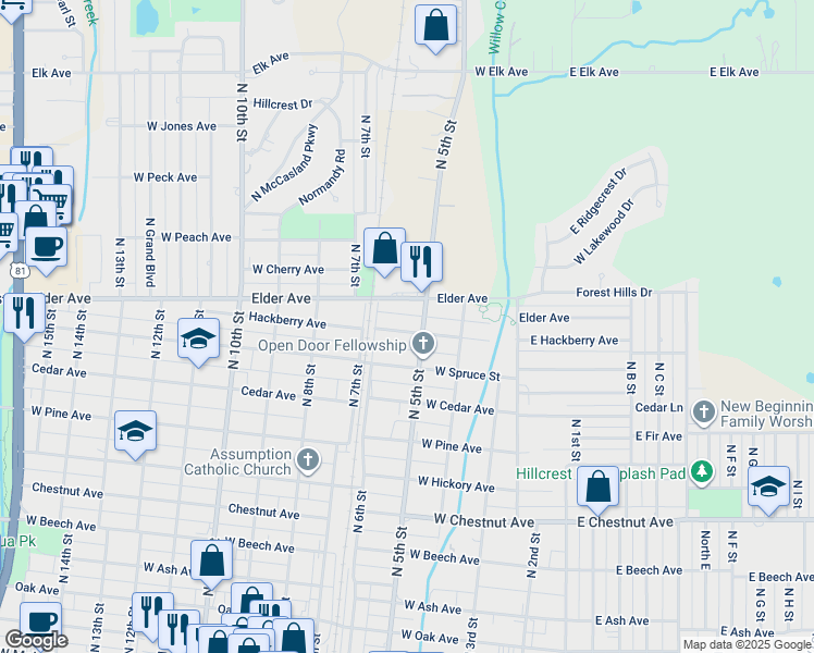 map of restaurants, bars, coffee shops, grocery stores, and more near 507 Hackberry Avenue in Duncan