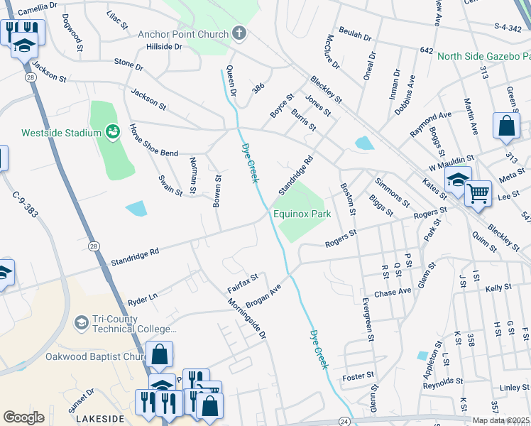 map of restaurants, bars, coffee shops, grocery stores, and more near 2310 Standridge Road in Anderson