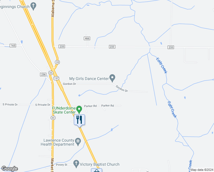 map of restaurants, bars, coffee shops, grocery stores, and more near 380 Gordon Drive in Moulton