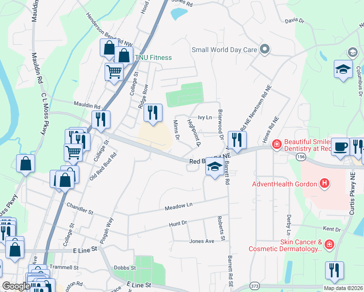 map of restaurants, bars, coffee shops, grocery stores, and more near 103 Mims Drive in Calhoun