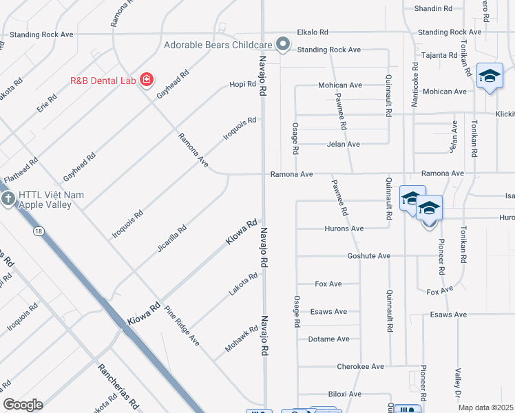 map of restaurants, bars, coffee shops, grocery stores, and more near 14410 Navajo Road in Apple Valley