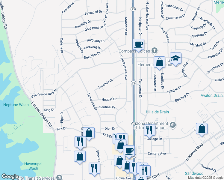 map of restaurants, bars, coffee shops, grocery stores, and more near 1910 Park Terrace Bay in Lake Havasu City