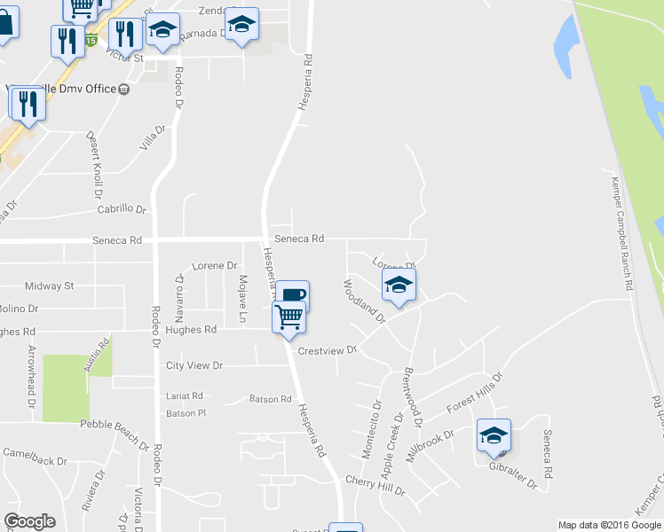 map of restaurants, bars, coffee shops, grocery stores, and more near 16900 Seneca Rd in Victorville