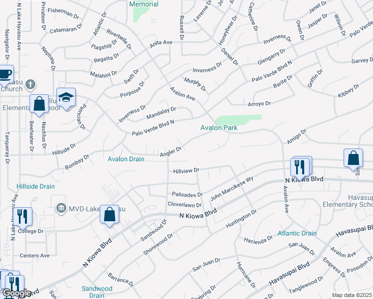 map of restaurants, bars, coffee shops, grocery stores, and more near 2440 Angler Drive in Lake Havasu City