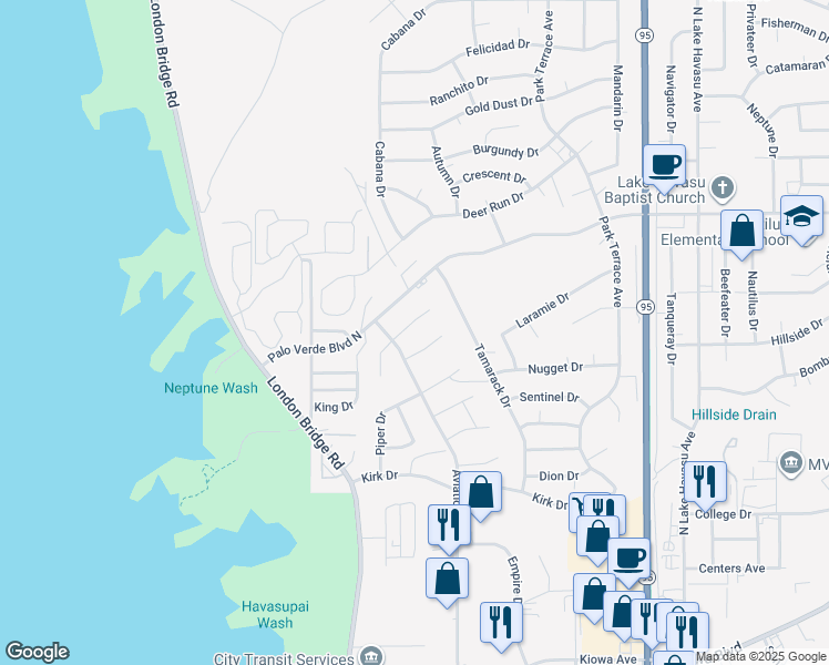 map of restaurants, bars, coffee shops, grocery stores, and more near 1726 Lockheed Bay in Lake Havasu City