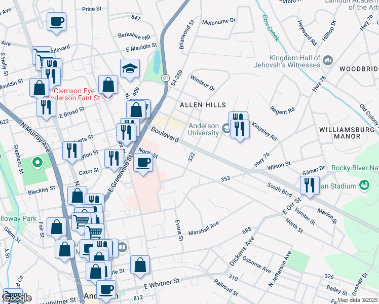 map of restaurants, bars, coffee shops, grocery stores, and more near 501 Boulevard in Anderson