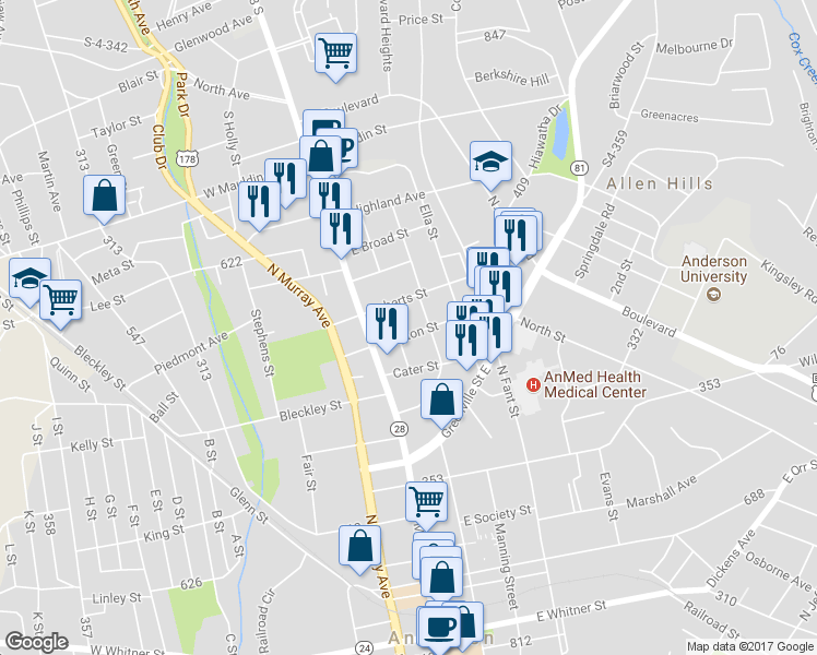 map of restaurants, bars, coffee shops, grocery stores, and more near 205 Crayton Street in Anderson