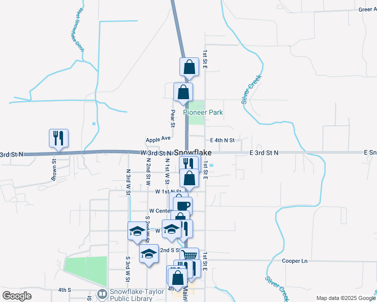 map of restaurants, bars, coffee shops, grocery stores, and more near 323 Main Street in Snowflake