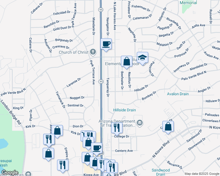 map of restaurants, bars, coffee shops, grocery stores, and more near 1360 Tanqueray Drive in Lake Havasu City
