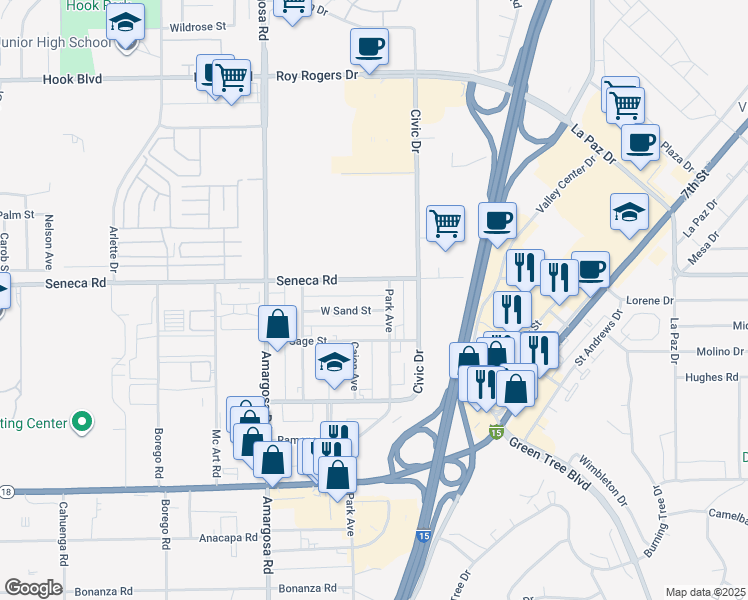 map of restaurants, bars, coffee shops, grocery stores, and more near 15500 West Sand Street in Victorville