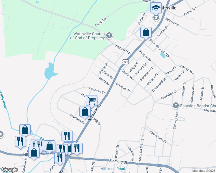 map of restaurants, bars, coffee shops, grocery stores, and more near 1011 North Harper Street in Laurens