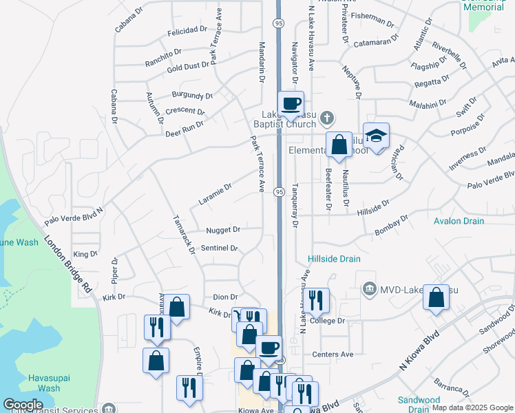 map of restaurants, bars, coffee shops, grocery stores, and more near 1381 Park Terrace Avenue in Lake Havasu City