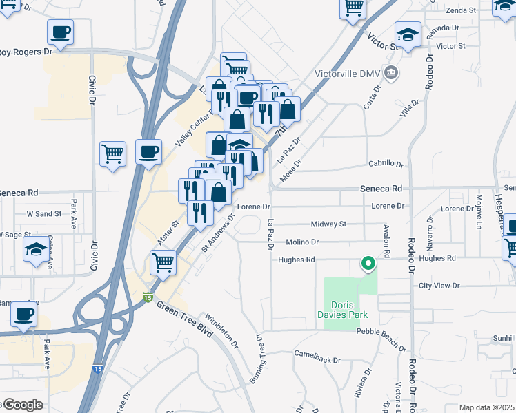 map of restaurants, bars, coffee shops, grocery stores, and more near 16091 Lorene Drive in Victorville