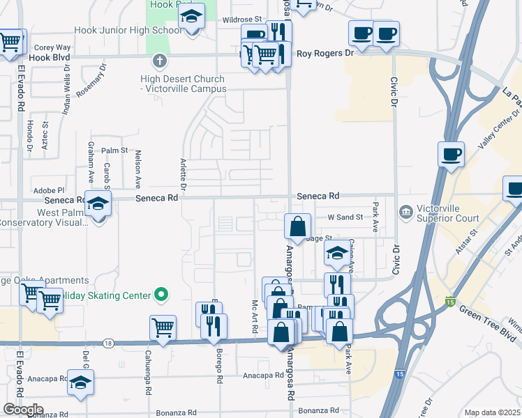 map of restaurants, bars, coffee shops, grocery stores, and more near 57 Mcart Road in Victorville