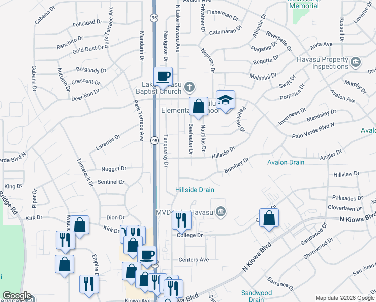 map of restaurants, bars, coffee shops, grocery stores, and more near 1355 Beefeater Drive in Lake Havasu City