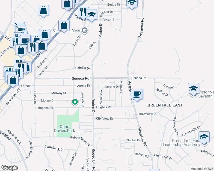 map of restaurants, bars, coffee shops, grocery stores, and more near 14450 Lorene Drive in Victorville