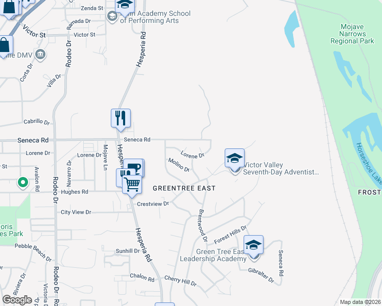 map of restaurants, bars, coffee shops, grocery stores, and more near 17020 Lorene Drive in Victorville