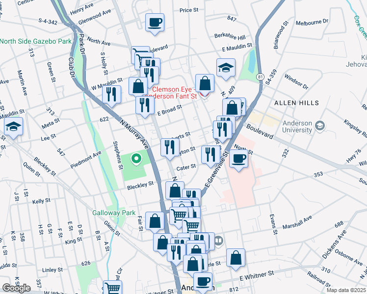 map of restaurants, bars, coffee shops, grocery stores, and more near 205 Crayton Street in Anderson