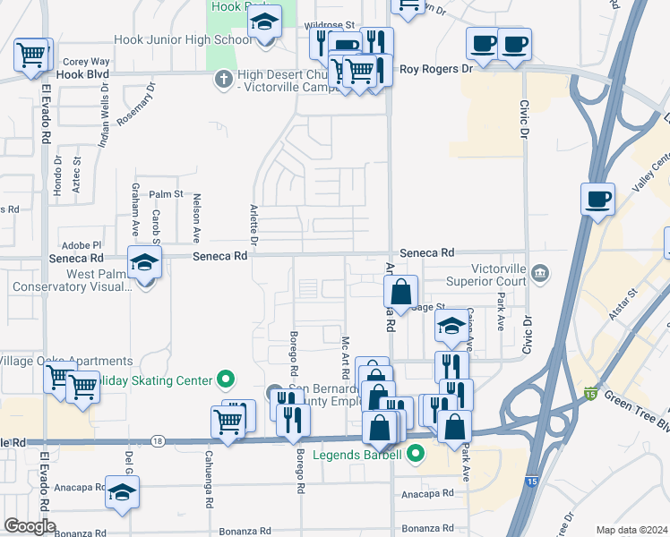 map of restaurants, bars, coffee shops, grocery stores, and more near Seneca Road in Victorville