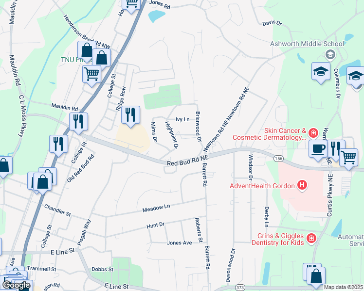 map of restaurants, bars, coffee shops, grocery stores, and more near 212 High Point Drive in Calhoun