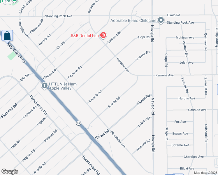 map of restaurants, bars, coffee shops, grocery stores, and more near 14435 Iroquois Road in Apple Valley