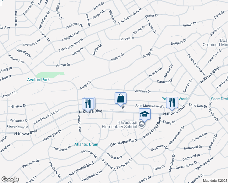 map of restaurants, bars, coffee shops, grocery stores, and more near 2800 Arabian Drive in Lake Havasu City