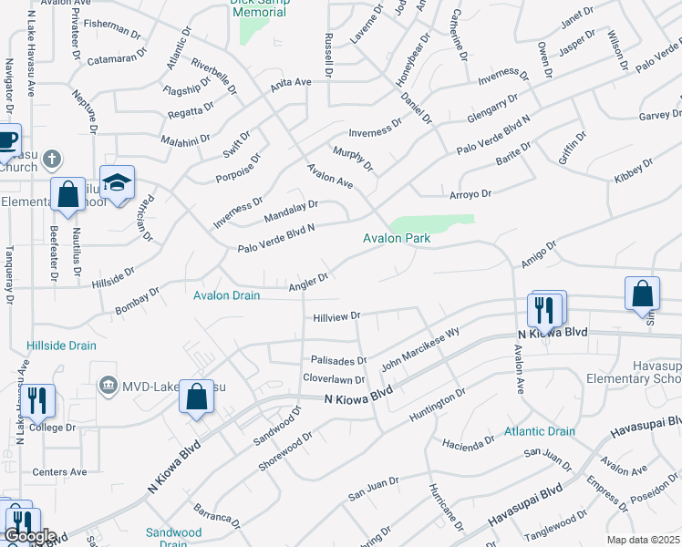 map of restaurants, bars, coffee shops, grocery stores, and more near 2440 Angler Drive in Lake Havasu City