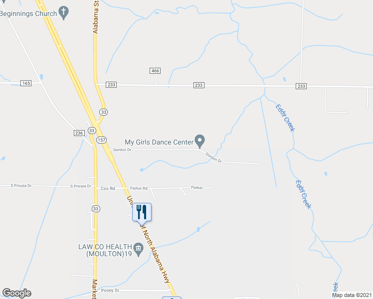map of restaurants, bars, coffee shops, grocery stores, and more near 380 Gordon Drive in Moulton