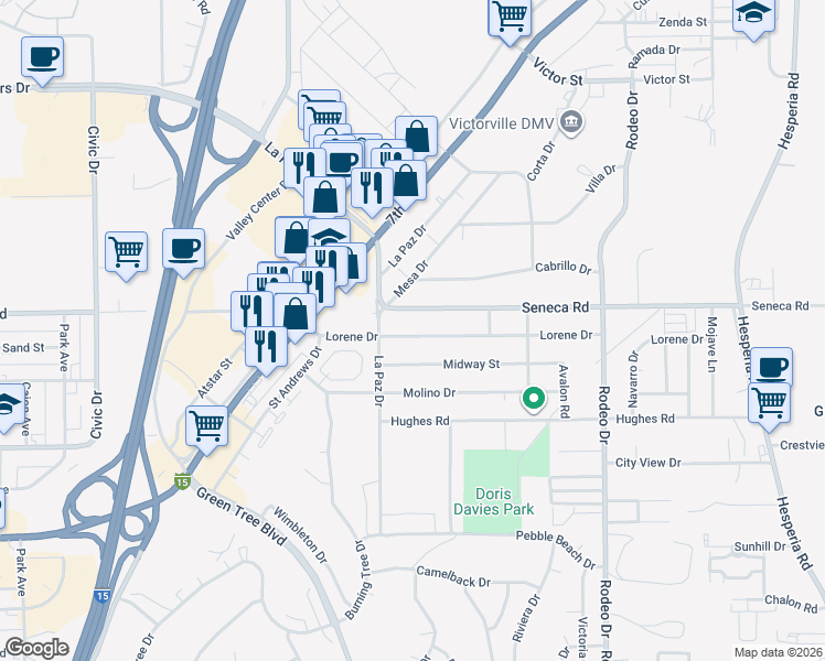 map of restaurants, bars, coffee shops, grocery stores, and more near 16138 Lorene Drive in Victorville