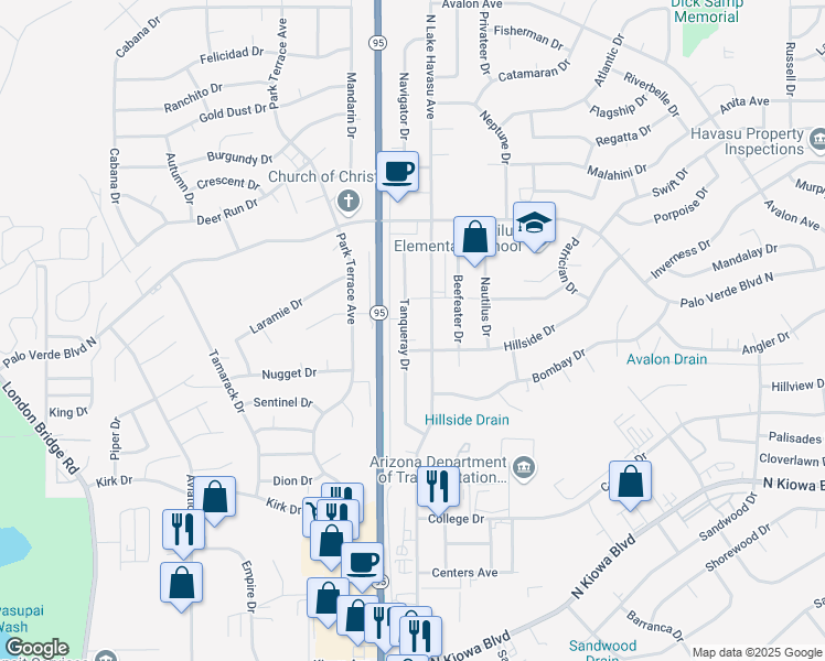 map of restaurants, bars, coffee shops, grocery stores, and more near 1360 Tanqueray Drive in Lake Havasu City
