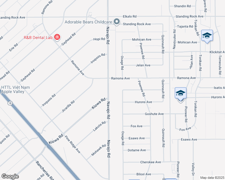 map of restaurants, bars, coffee shops, grocery stores, and more near 14410 Navajo Road in Apple Valley