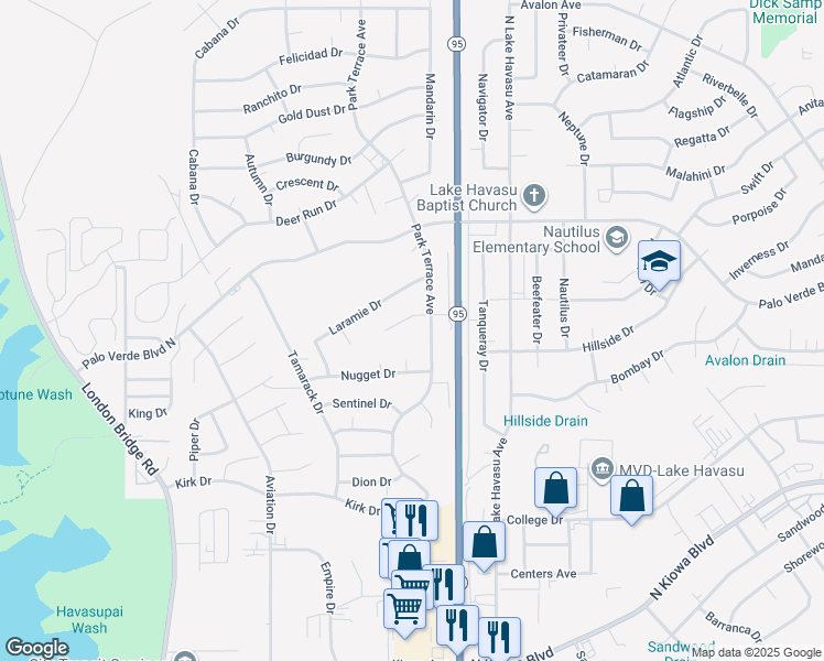 map of restaurants, bars, coffee shops, grocery stores, and more near 1381 Park Terrace Avenue in Lake Havasu City