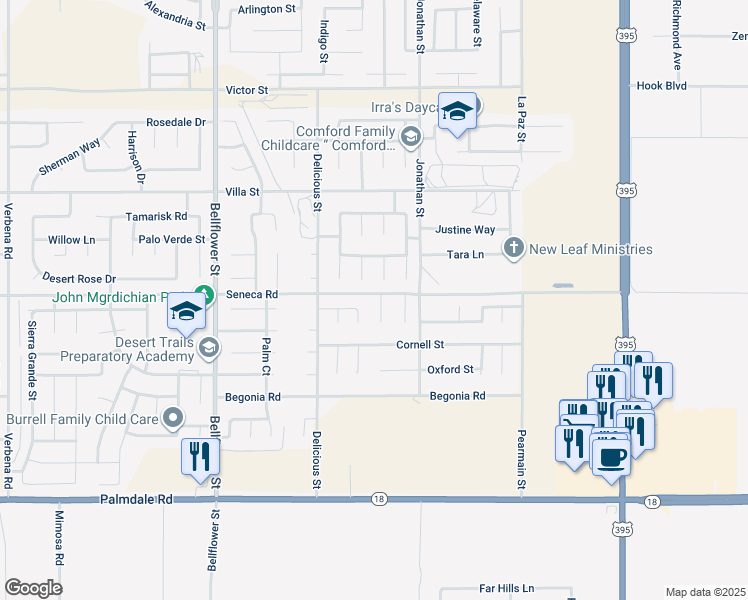 map of restaurants, bars, coffee shops, grocery stores, and more near 14488 Clemson Court in Adelanto