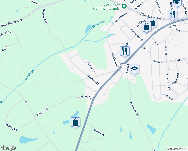 map of restaurants, bars, coffee shops, grocery stores, and more near 102 Shady Lane in Belton