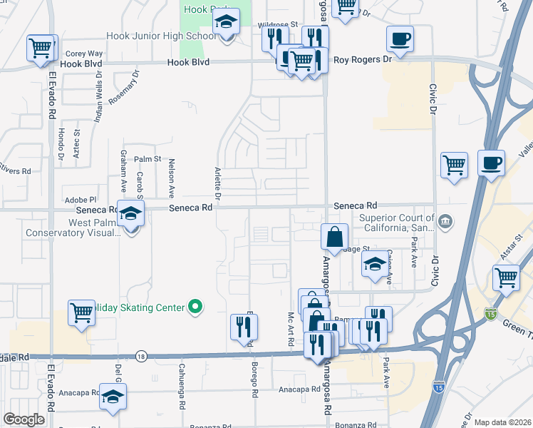 map of restaurants, bars, coffee shops, grocery stores, and more near Seneca Road in Victorville