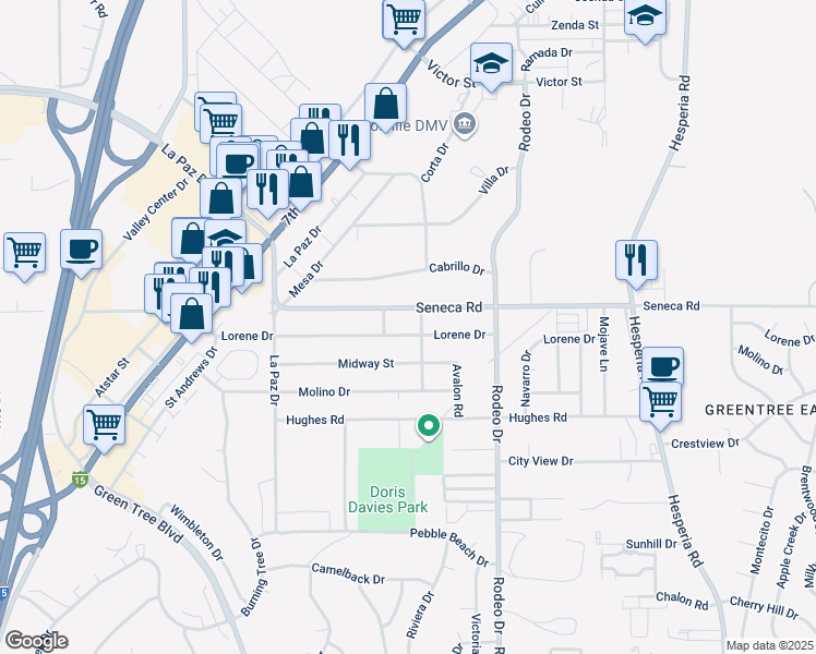 map of restaurants, bars, coffee shops, grocery stores, and more near 16342 Lorene Drive in Victorville
