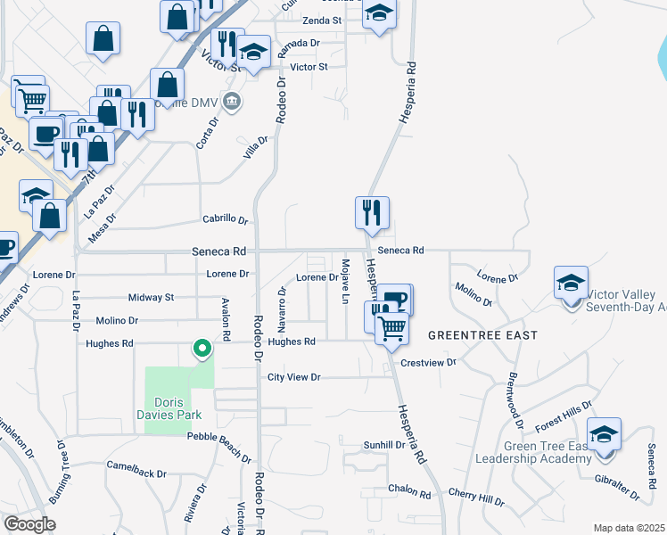map of restaurants, bars, coffee shops, grocery stores, and more near 14452 Mojave Lane in Victorville