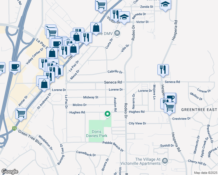 map of restaurants, bars, coffee shops, grocery stores, and more near 16452 Lorene Drive in Victorville
