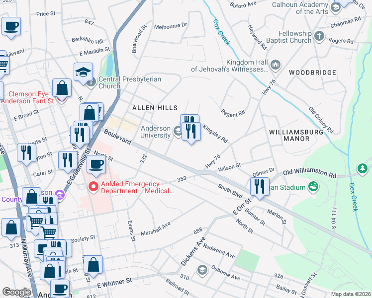 map of restaurants, bars, coffee shops, grocery stores, and more near 316 Boulevard in Anderson