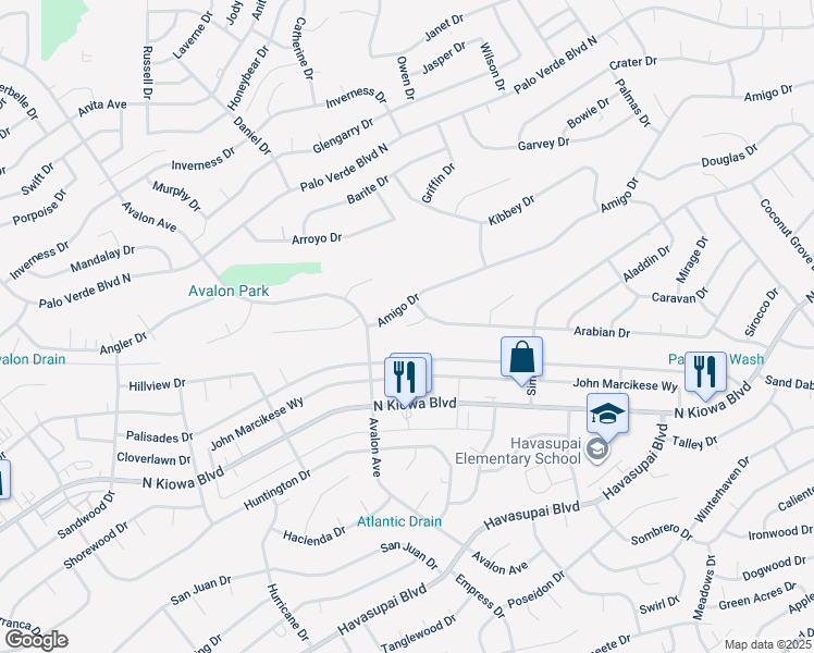 map of restaurants, bars, coffee shops, grocery stores, and more near 2690 Arabian Plaza in Lake Havasu City