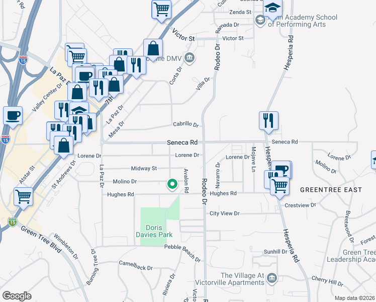 map of restaurants, bars, coffee shops, grocery stores, and more near 16436 Lorene Drive in Victorville