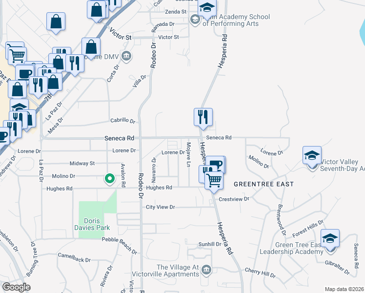 map of restaurants, bars, coffee shops, grocery stores, and more near 14452 Mojave Lane in Victorville