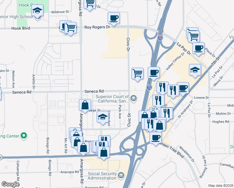 map of restaurants, bars, coffee shops, grocery stores, and more near 15500 West Sand Street in Victorville